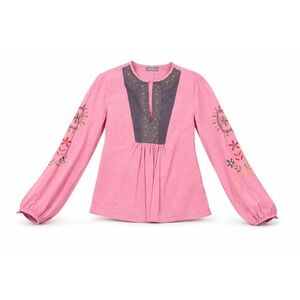 Muchacha Spain Embroidered Boho Cotton Tunic Blouse Split V-Neck Medium Pink